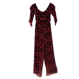 Rachel Zoe Silk Size 4 Black and Red Floral Print Jumpsuit Wide Leg Ruffled